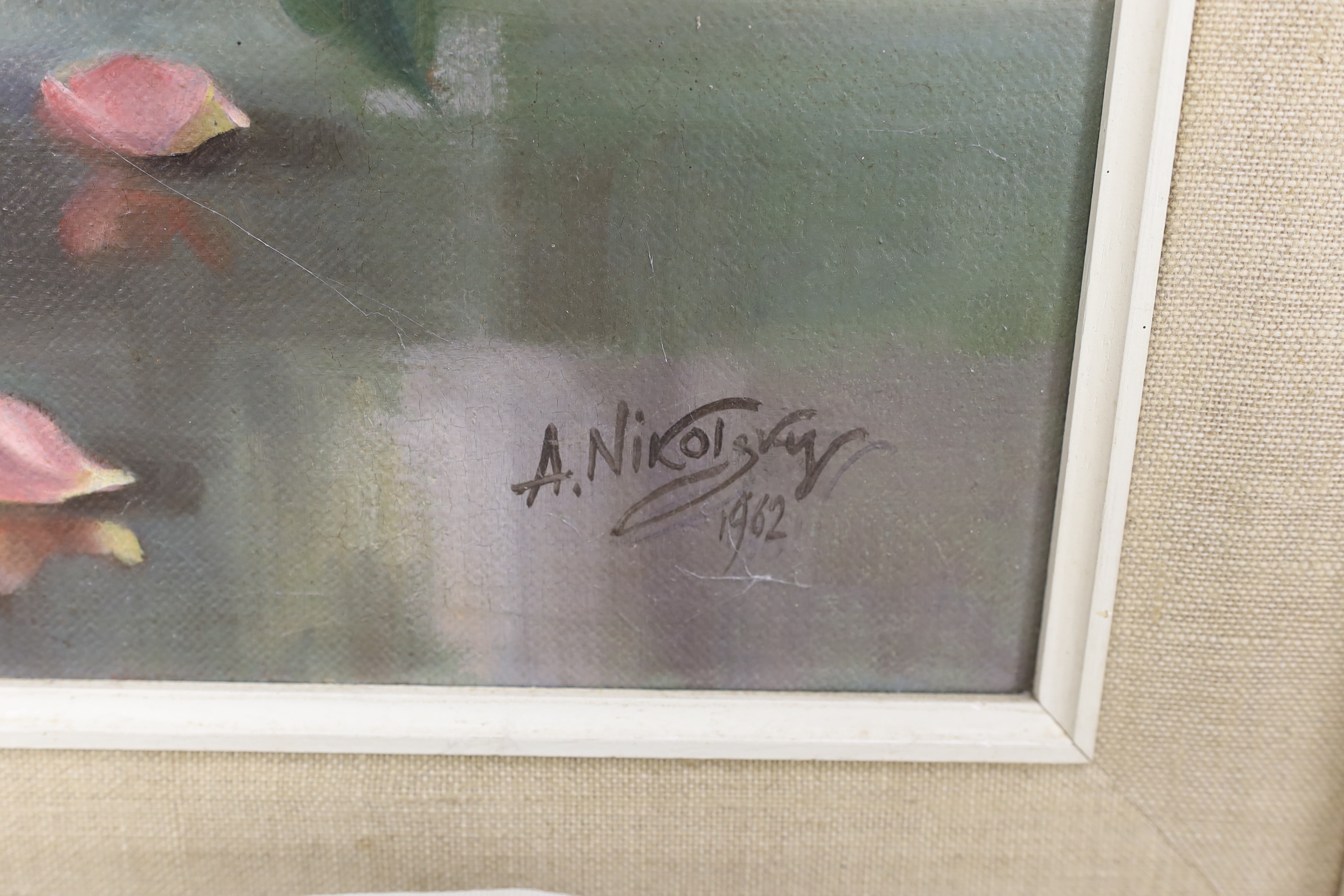 Athanasius Nikolsky (late 20th century), Roses in White Vase, oil on canvas, signed and dated, label verso, 59cm x 49cm